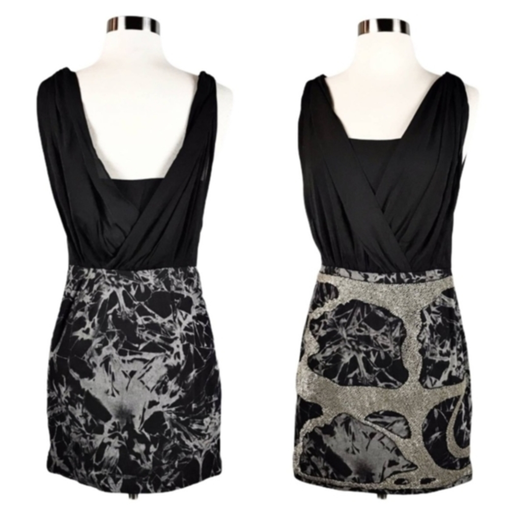 GREYLIN Going Out Cocktail Dress Black Silver Beaded Skirt Faux Wrap Size M